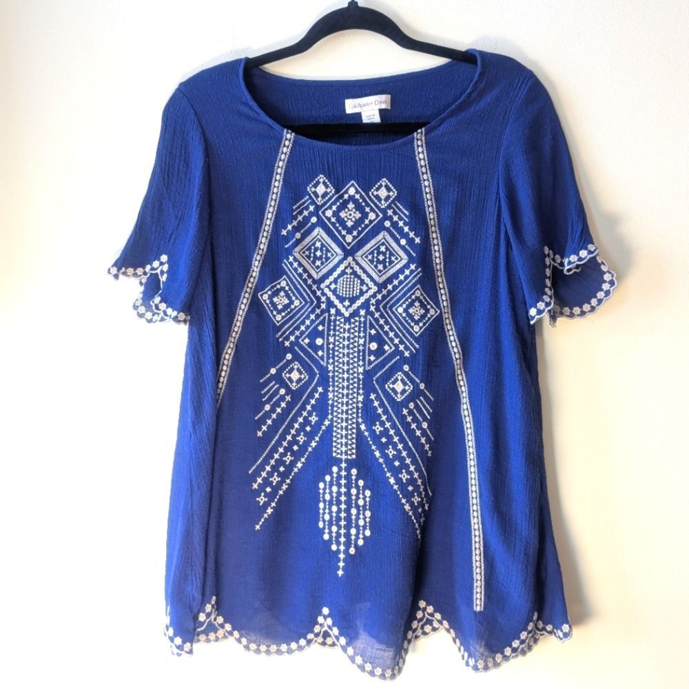 Coldwater Creek Embroidered Scallop Short Sleeve  Top Blouse Blue White Size SP